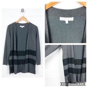Pointelle‎ Grey Black Striped Long Sleeve Open Cardigan Sweater Size M